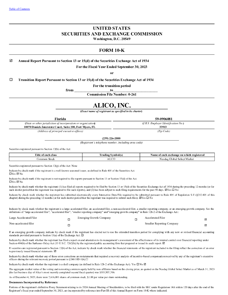 Alico Inc.（ALCO）2023财年年度报告（英文版）