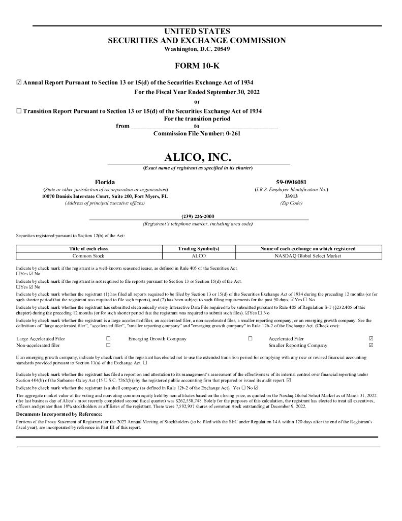 Alico Inc.（ALCO）2022财年年度报告（英文版）