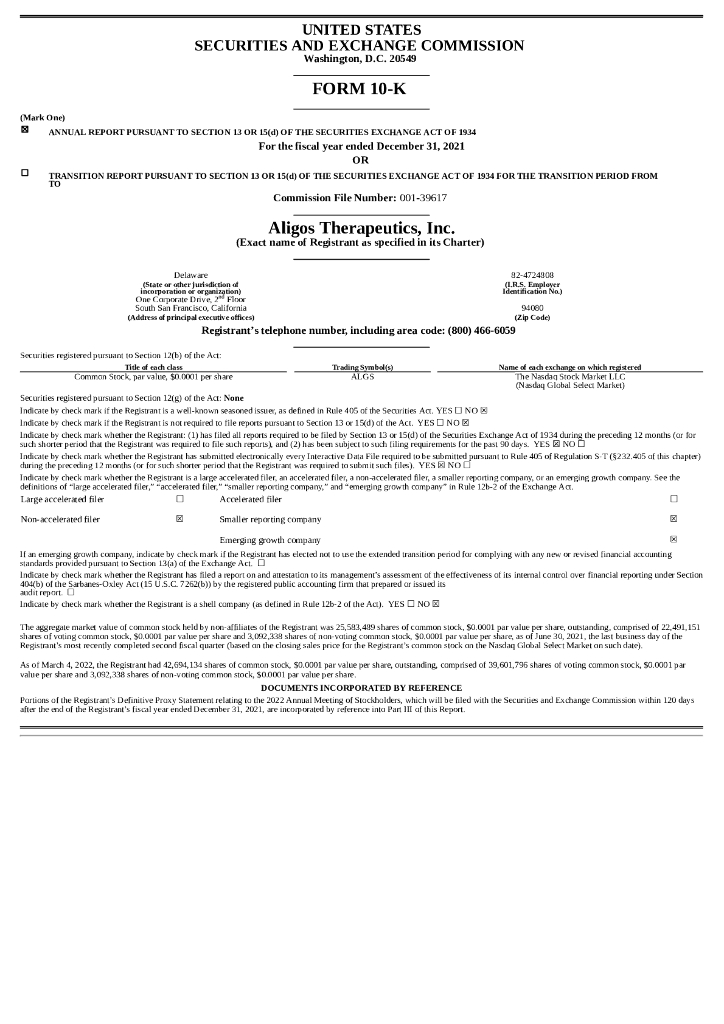 Aligos Therapeutics, Inc.（ALGS）2021财年年度报告（英文版）