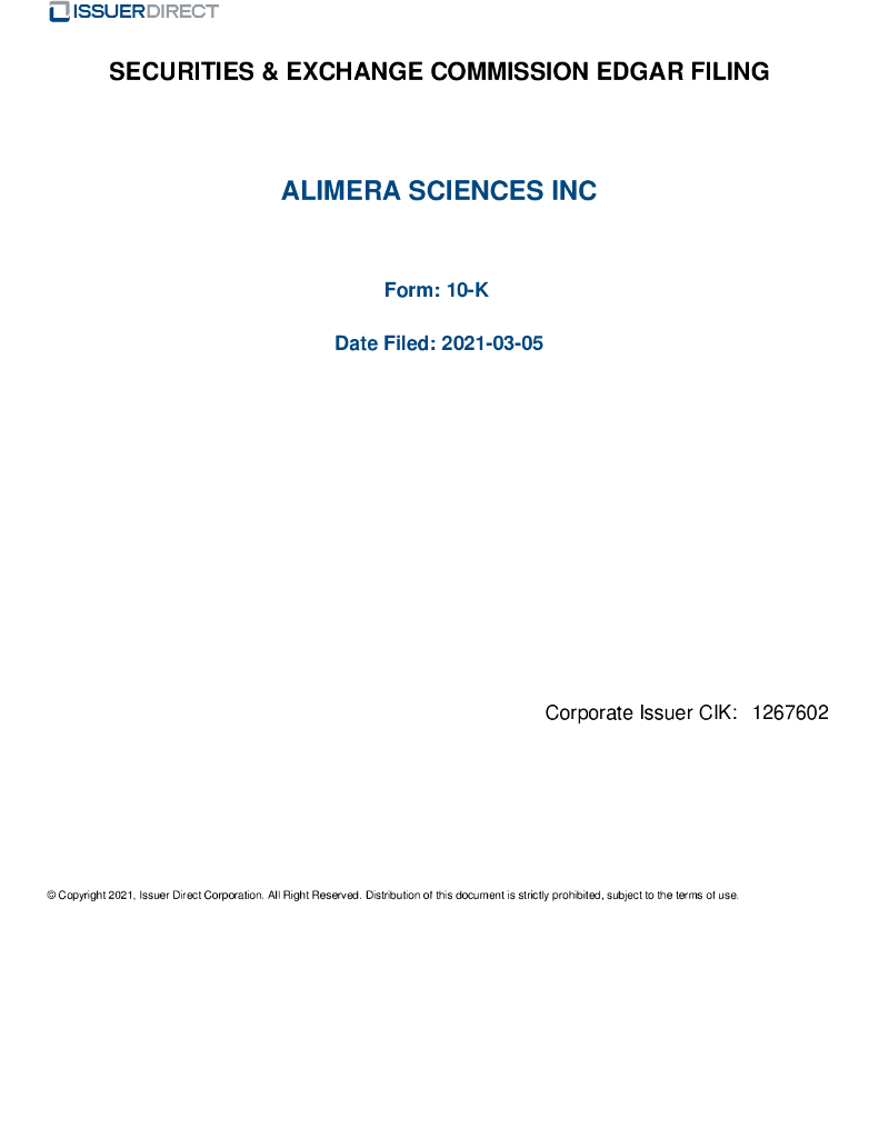Alimera Sciences, Inc.（ALIM）2020财年年度报告（英文版）