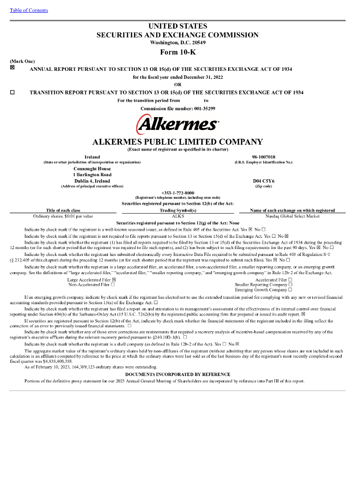 Alkermes, Inc.（ALKS）2022财年年度报告（英文版）