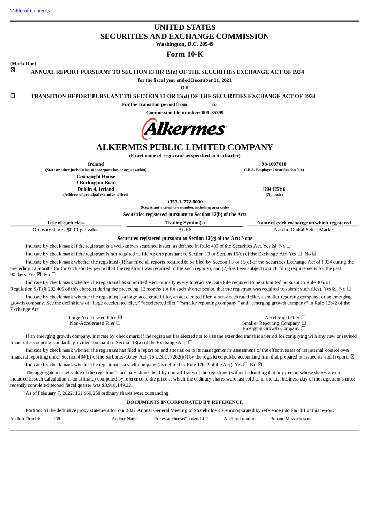 Alkermes, Inc.（ALKS）2021财年年度报告（英文版）