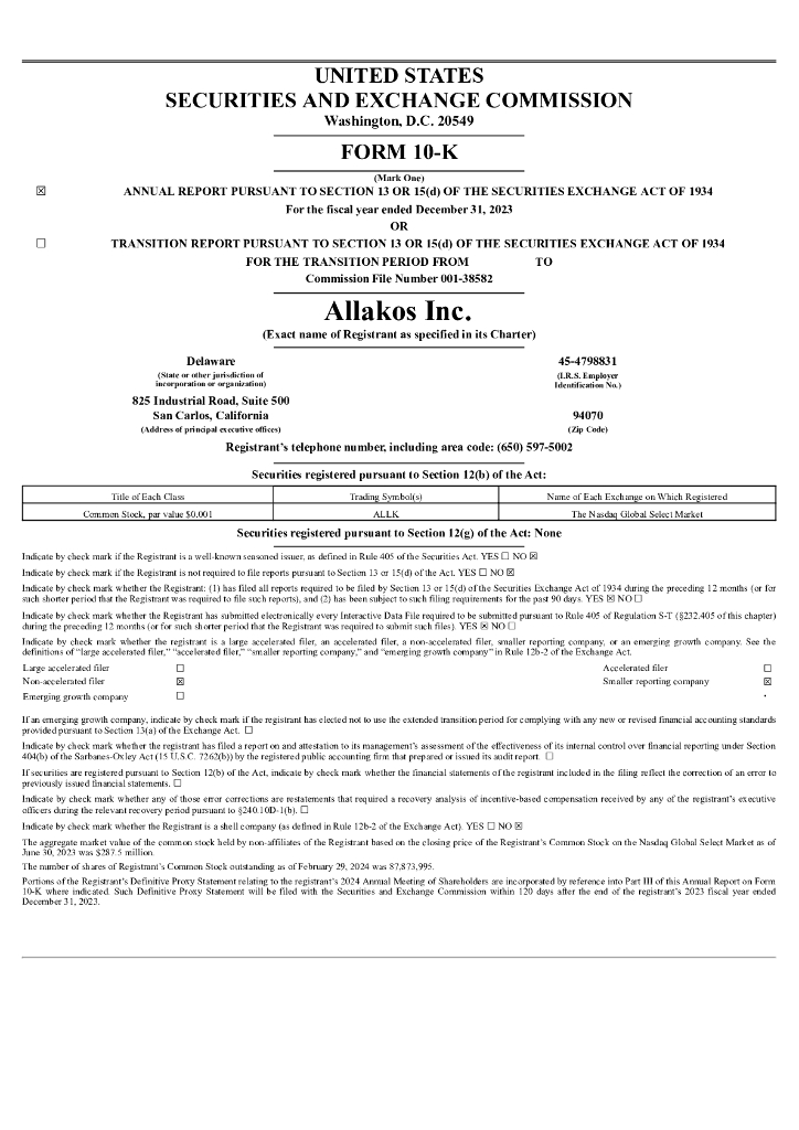 Allakos Inc.（ALLK）2023财年年度报告（英文版）