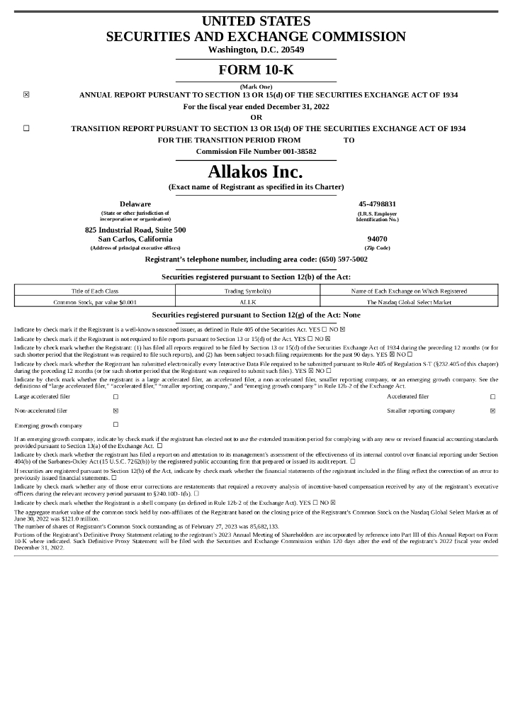 Allakos Inc.（ALLK）2022财年年度报告（英文版）