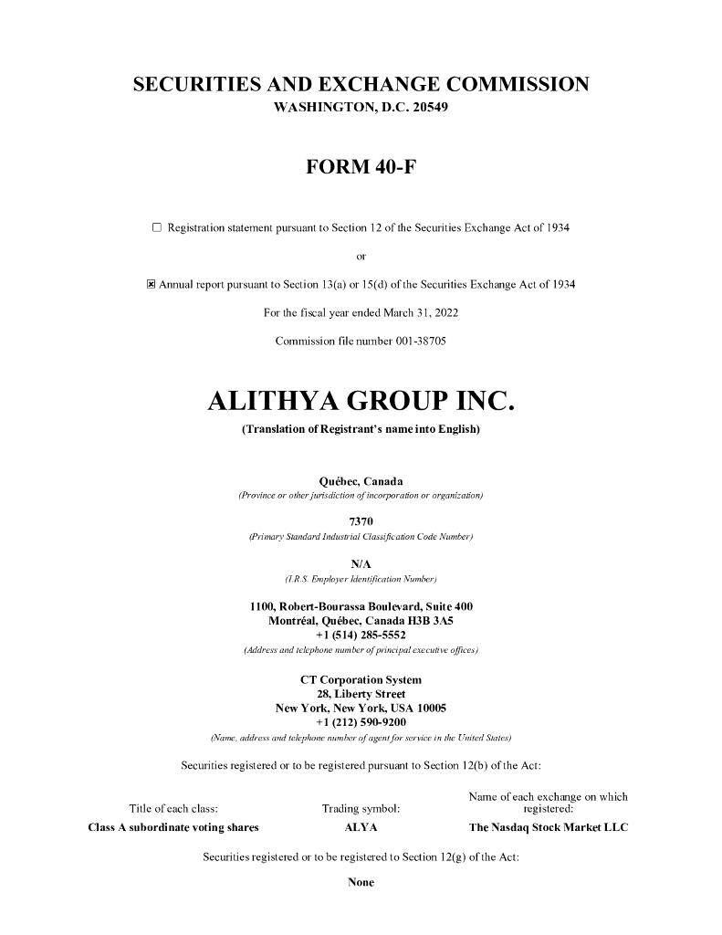 Alithya（ALYA）2022财年年度报告（英文版）