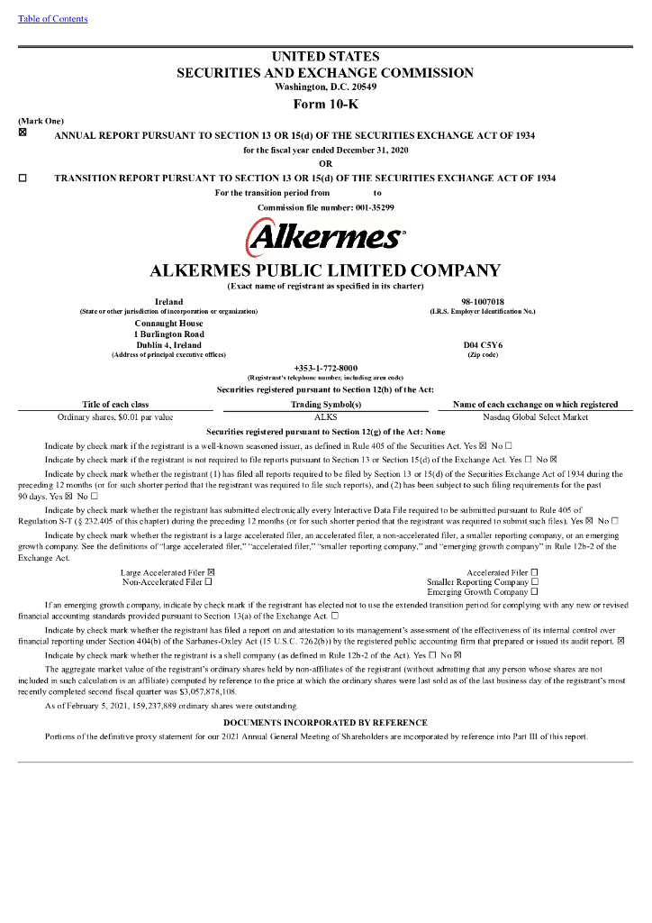 Alkermes, Inc.（ALKS）2020财年年度报告（英文版）