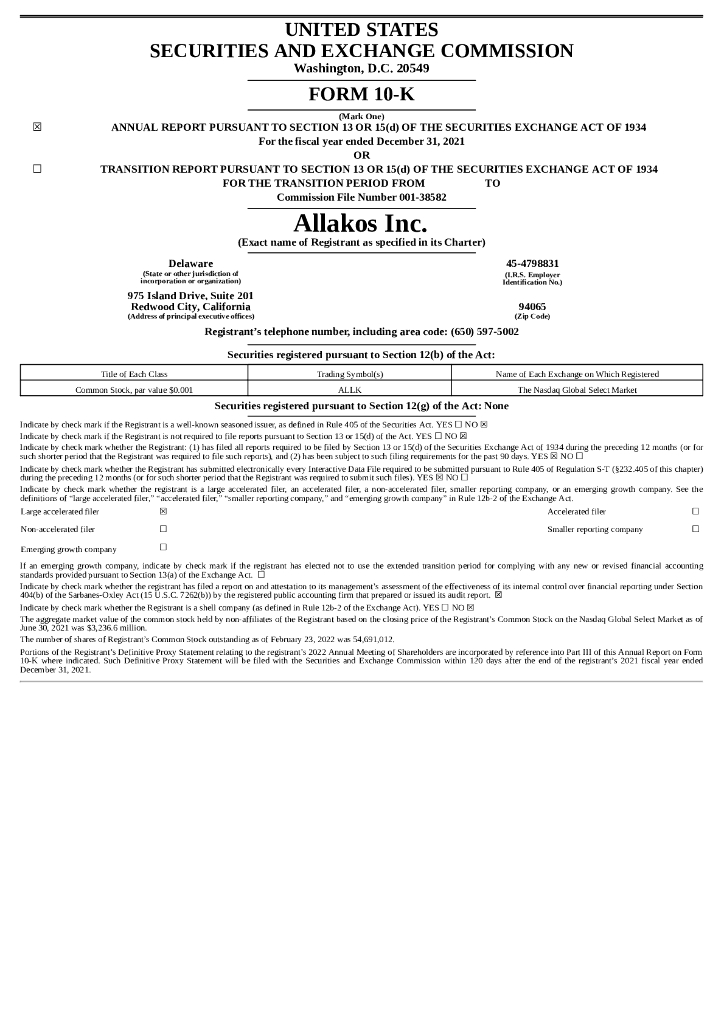 Allakos Inc.（ALLK）2021财年年度报告（英文版）