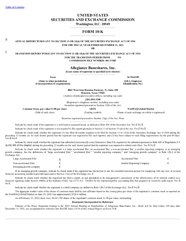 Allegiance Bancshares, Inc.（ABTX）2021财年年度报告（英文版）