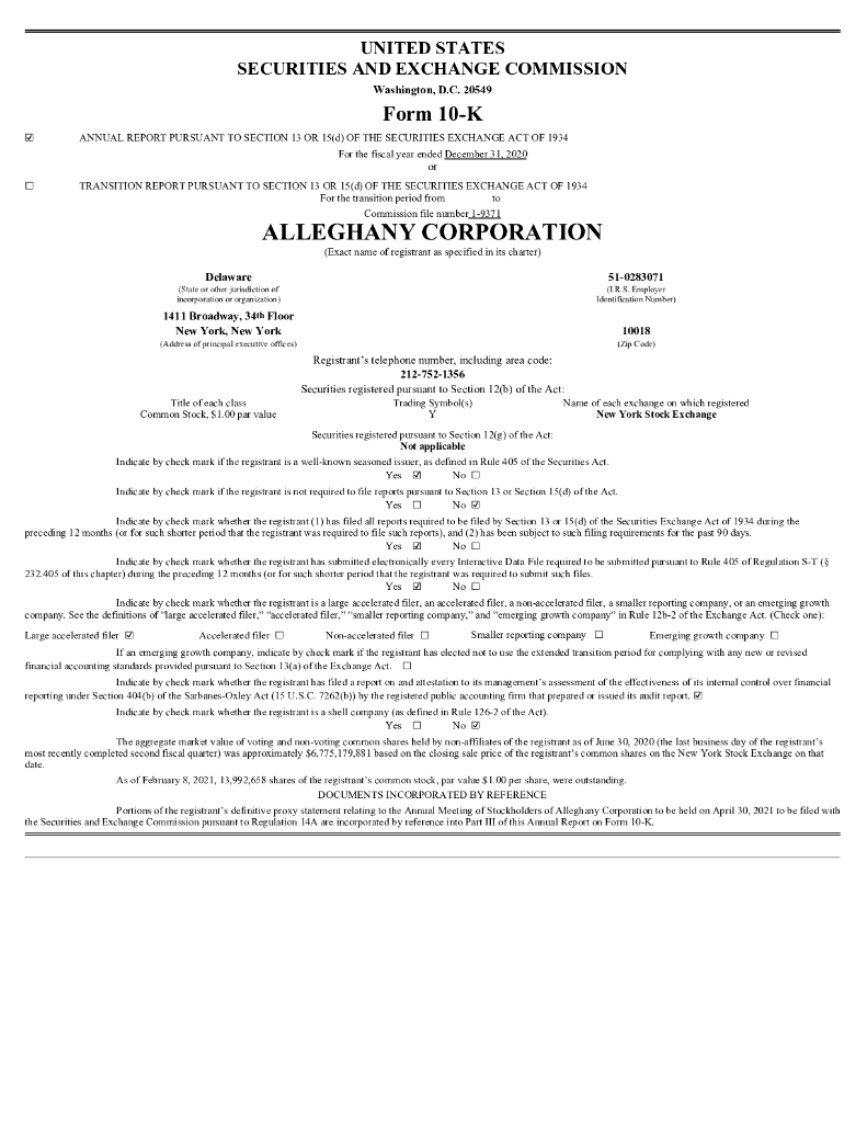 Alleghany Corporation（Y）2020财年年度报告（英文版）