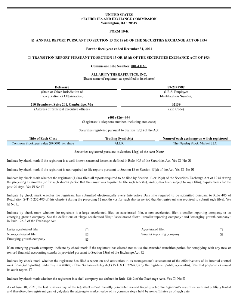Allarity Therapeutics, Inc.（ALLR）2021财年年度报告（英文版）