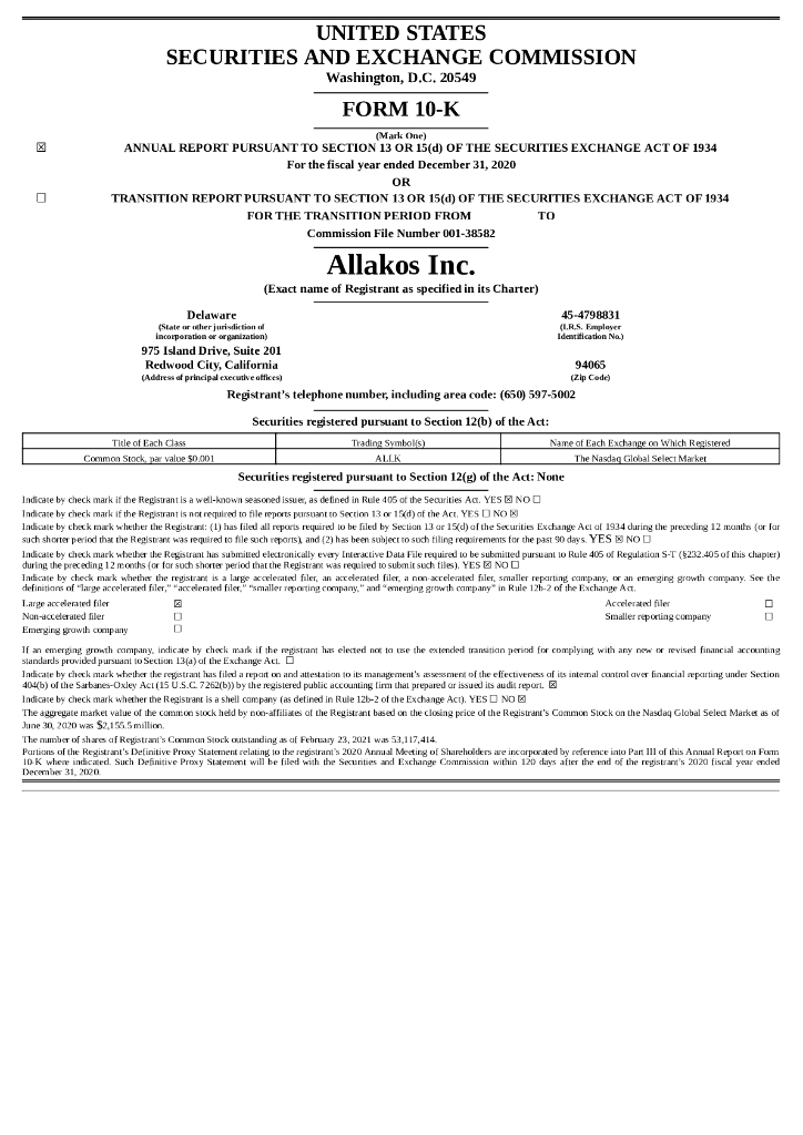 Allakos Inc.（ALLK）2020财年年度报告（英文版）