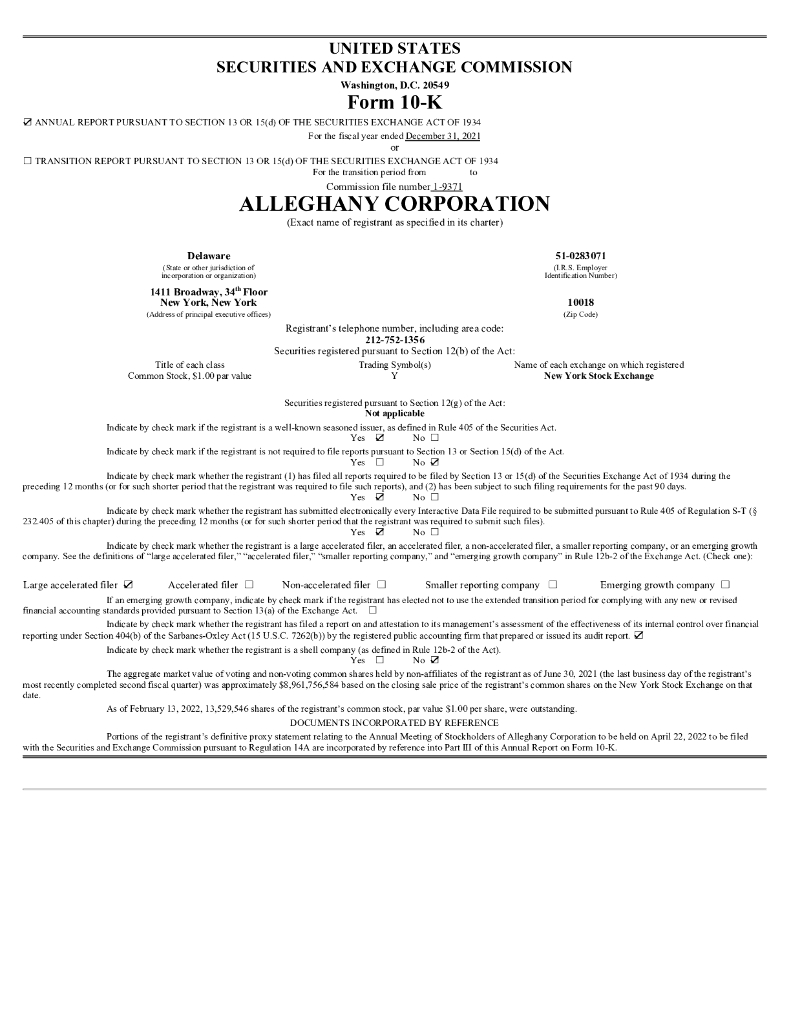 Alleghany Corporation（Y）2021财年年度报告（英文版）