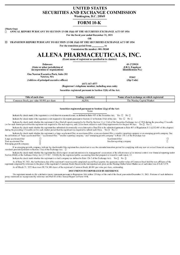 Allena Pharmaceuticals, Inc.（ALNA）2021财年年度报告（英文版）