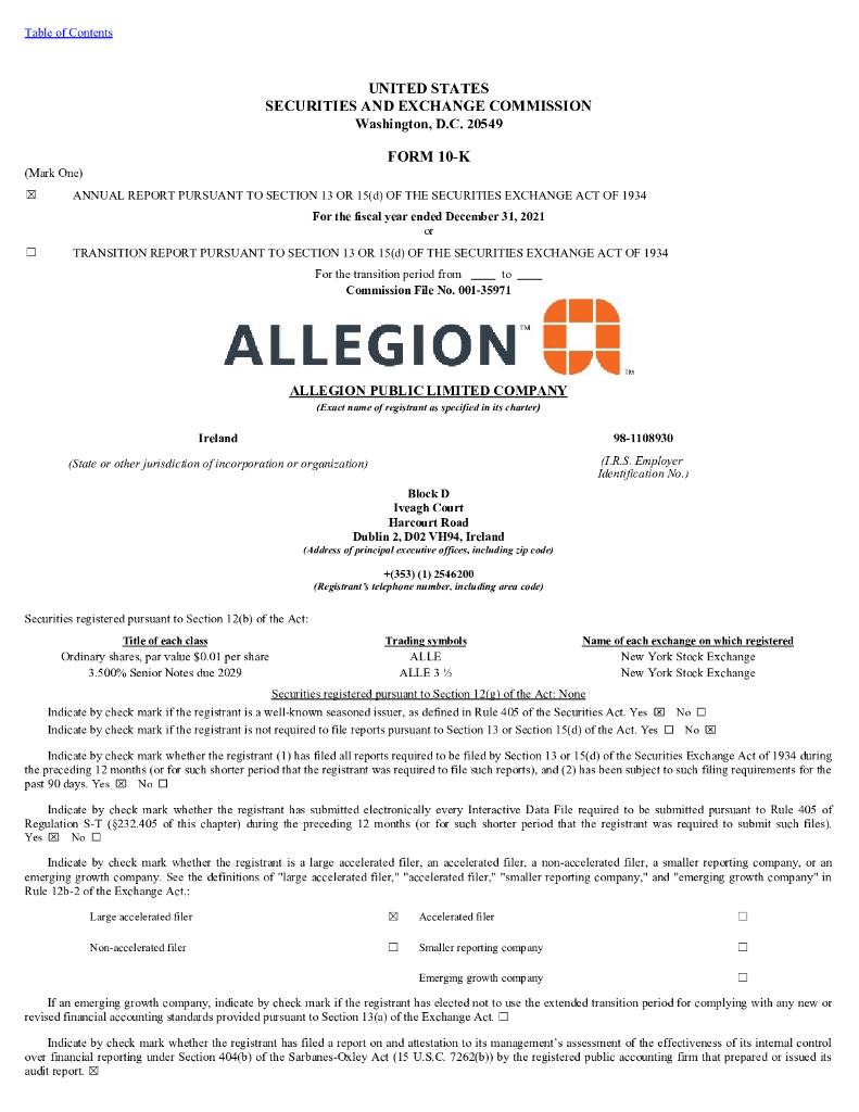Allegion Plc（ALLE）2021财年年度报告（英文版）