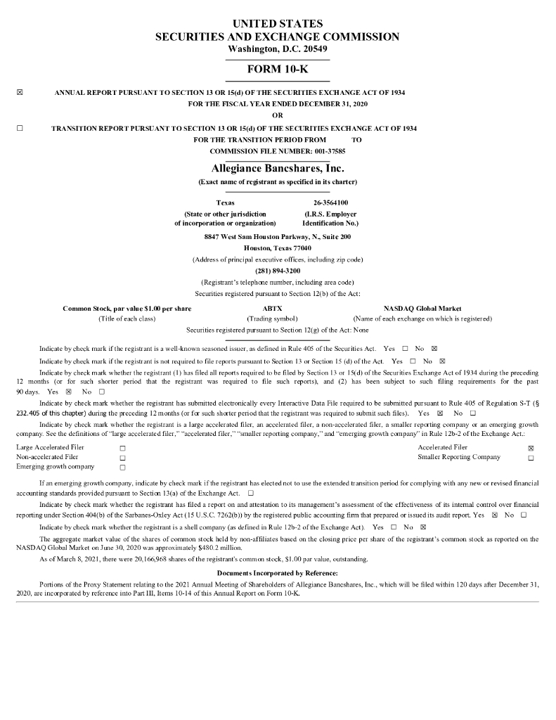 Allegiance Bancshares, Inc.（ABTX）2020财年年度报告（英文版）