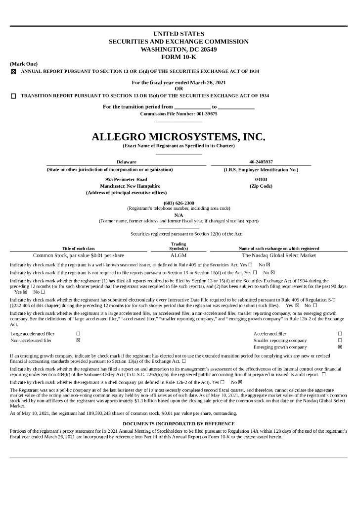 Allegro MicroSystems, Inc.（ALGM）2021财年年度报告（英文版）
