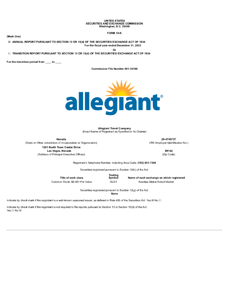 Allegiant Travel Company（ALGT）2023财年年度报告（英文版）