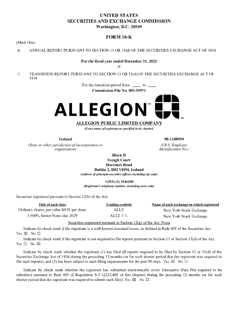 Allegion Plc（ALLE）2022财年年度报告（英文版）
