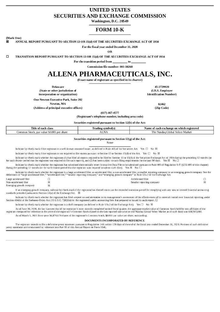 Allena Pharmaceuticals, Inc.（ALNA）2020财年年度报告（英文版）