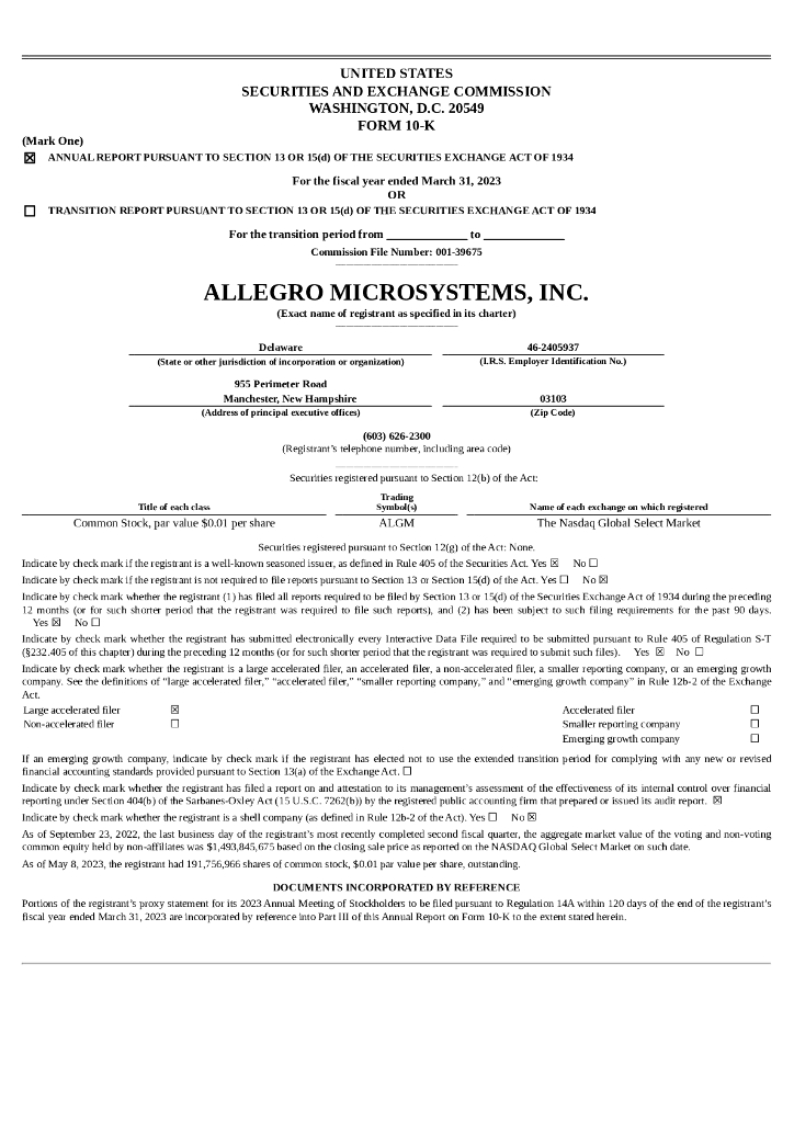 Allegro MicroSystems, Inc.（ALGM）2023财年年度报告（英文版）