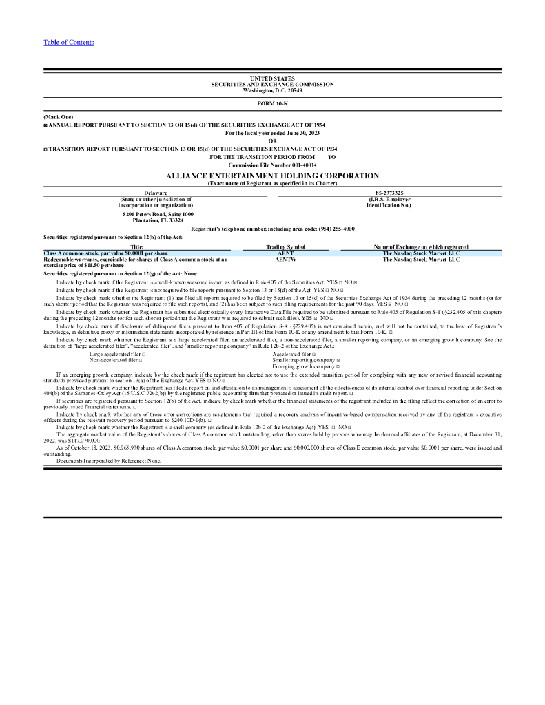 Alliance Entertainment Holding Corporation（AENT）2023财年年度报告（英文版）