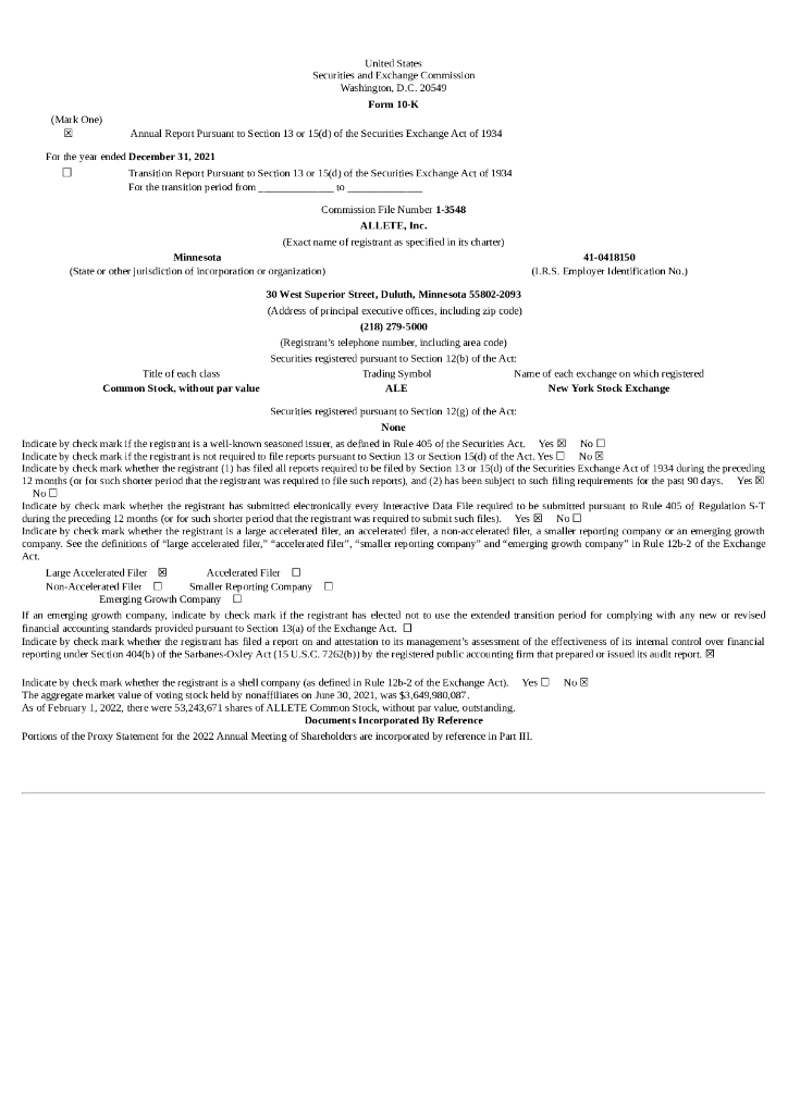 ALLETE Inc（ALE）2021财年年度报告（英文版）