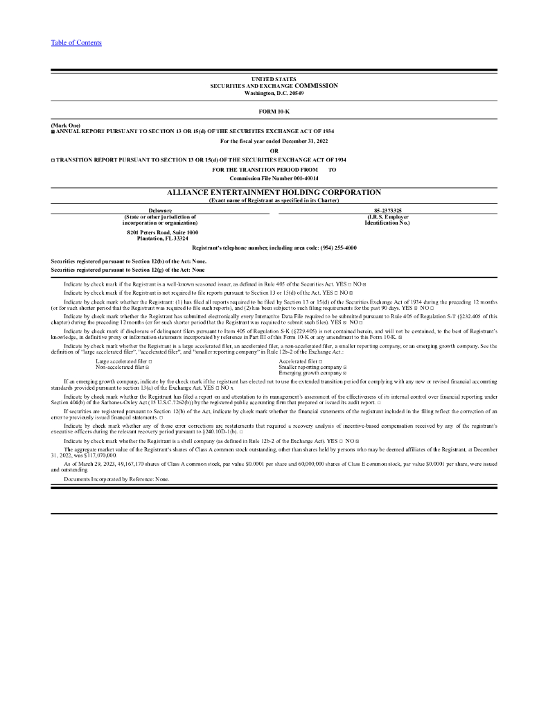 Alliance Entertainment Holding Corporation（AENT）2022财年年度报告（英文版）