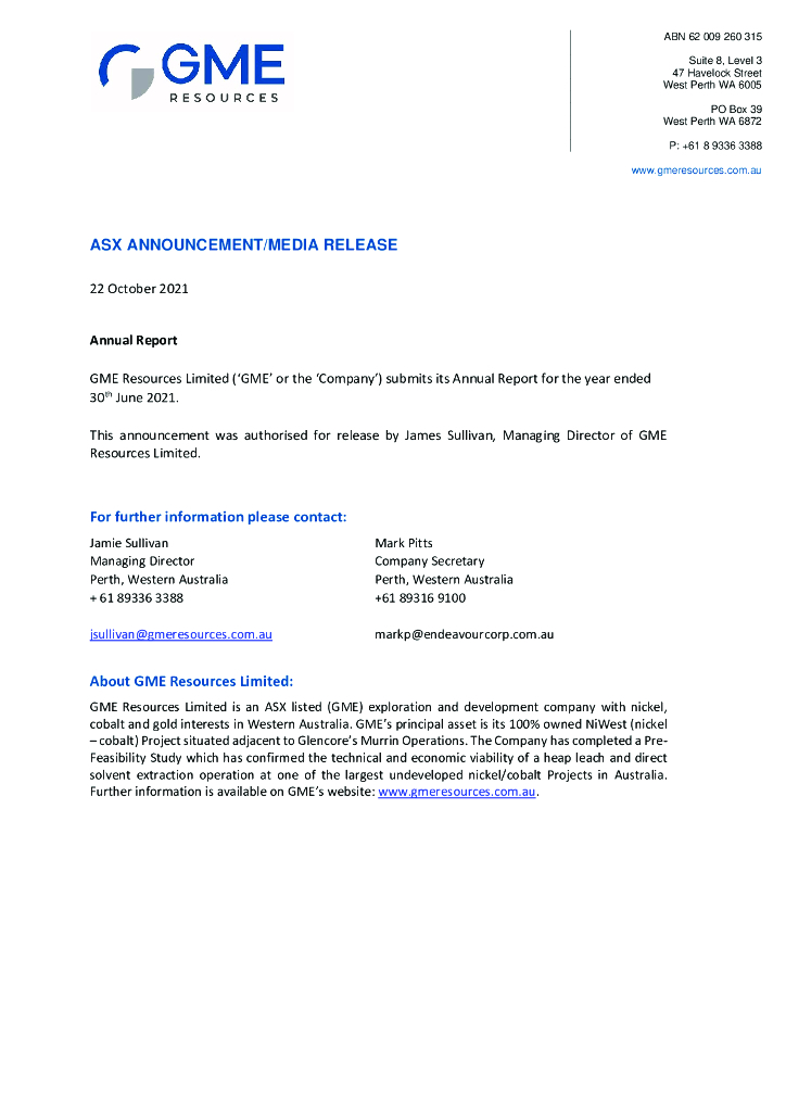 Alliance Nickel Limited（AXN）2021财年年度报告（英文版）