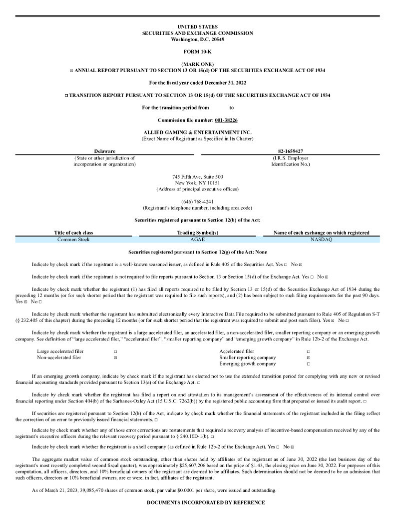 Allied Gaming & Entertainment Inc.（AGAE）2022财年年度报告（英文版）