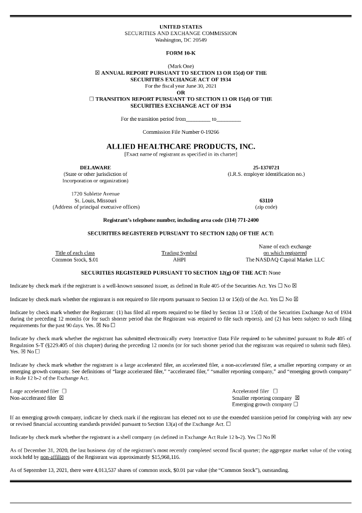 Allied Healthcare Products, Inc.（AHPI）2021财年年度报告（英文版）