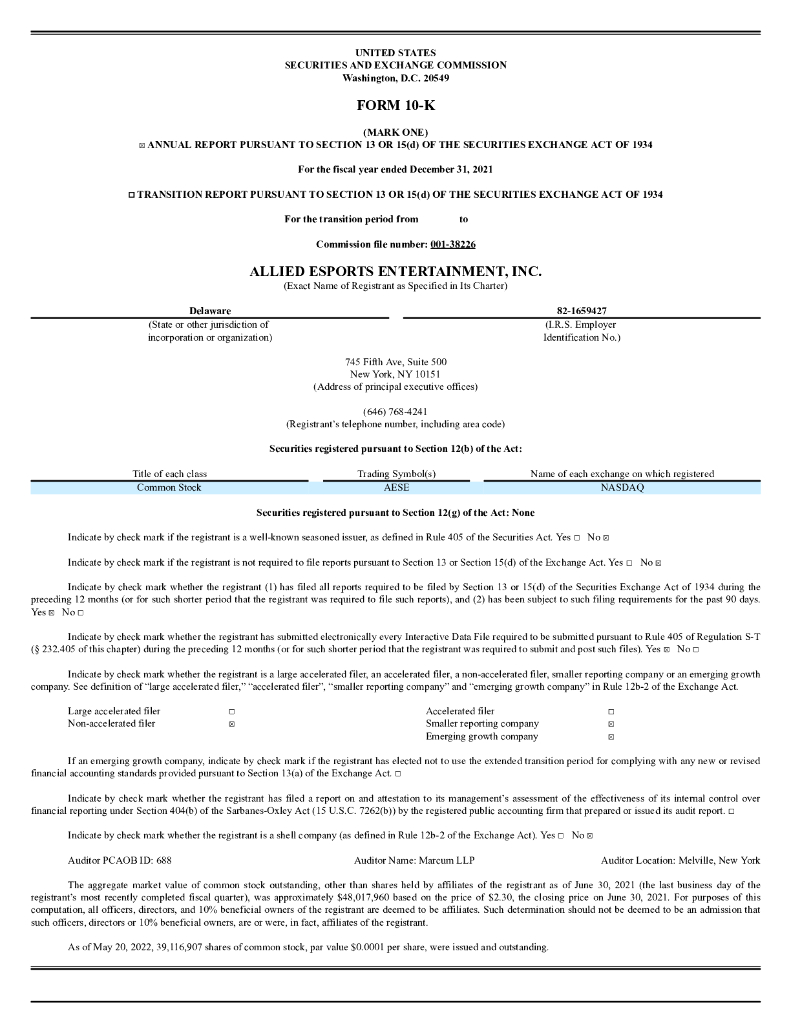 Allied Gaming & Entertainment Inc.（AGAE）2021财年年度报告（英文版）
