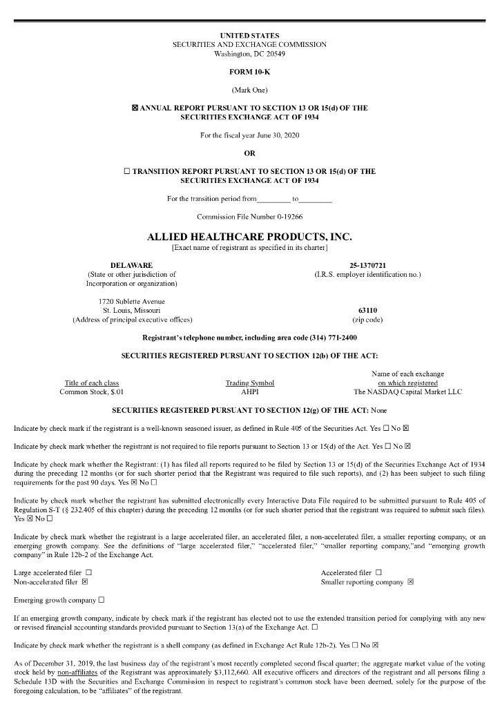 Allied Healthcare Products, Inc.（AHPI）2020财年年度报告（英文版）