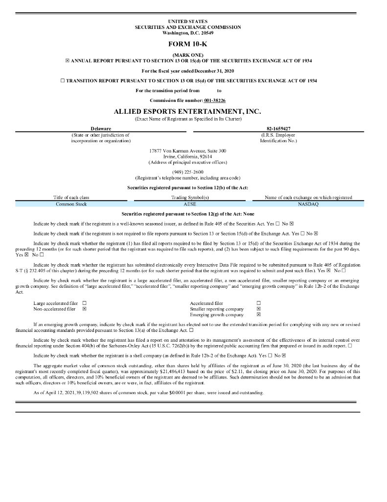 Allied Gaming & Entertainment Inc.（AGAE）2020财年年度报告（英文版）