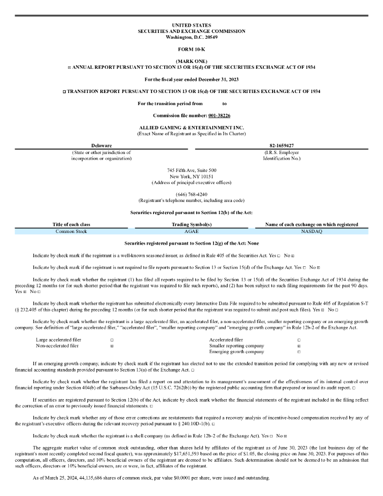Allied Gaming & Entertainment Inc.（AGAE）2023财年年度报告（英文版）