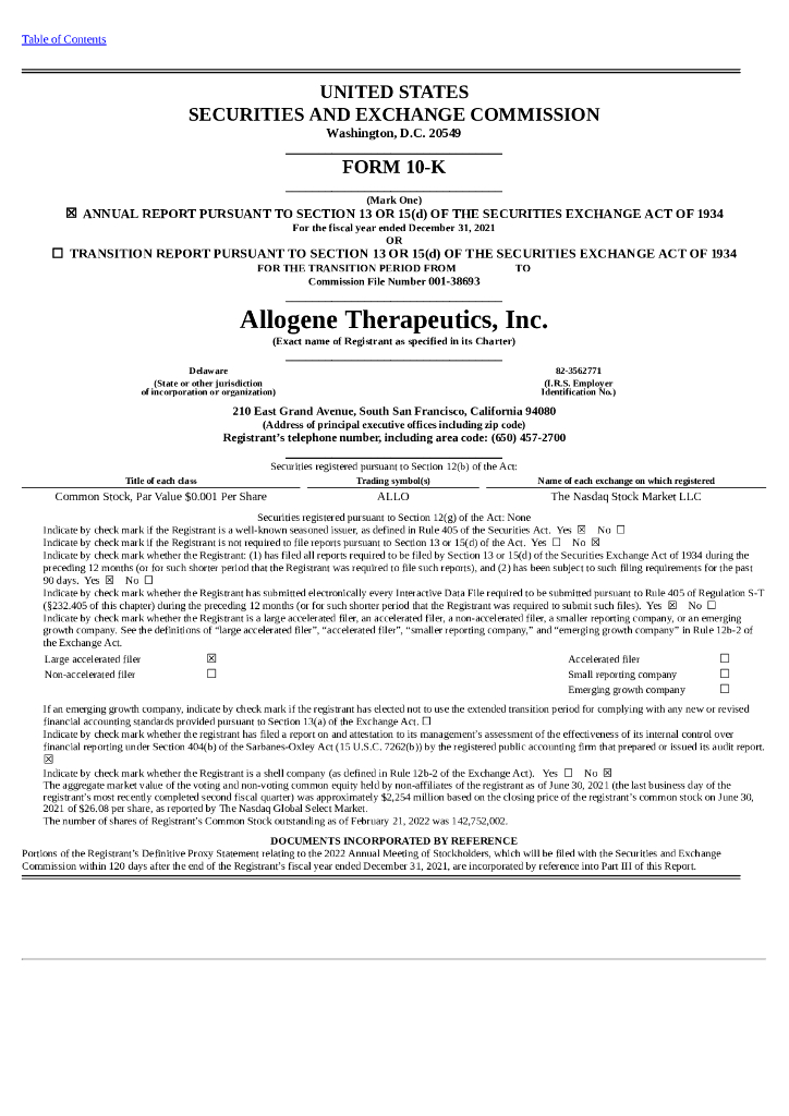 Allogene Therapeutics, Inc.（ALLO）2021财年年度报告（英文版）