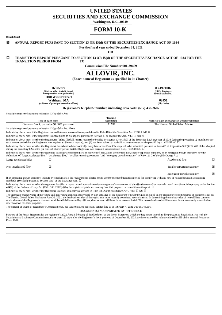 AlloVir, Inc.（ALVR）2021财年年度报告（英文版）