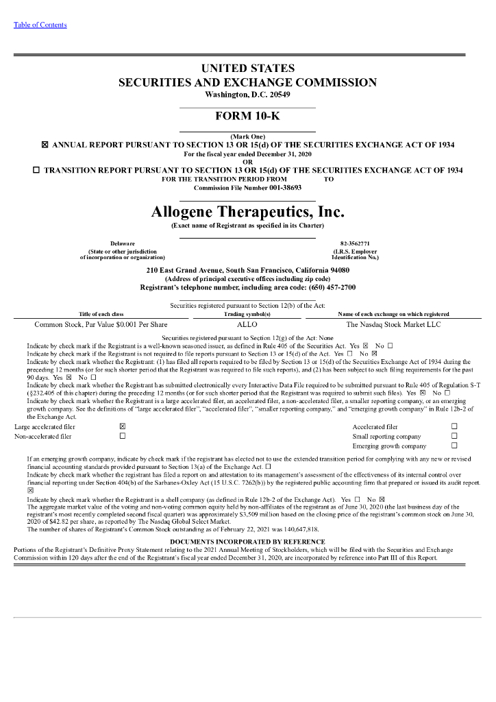 Allogene Therapeutics, Inc.（ALLO）2020财年年度报告（英文版）