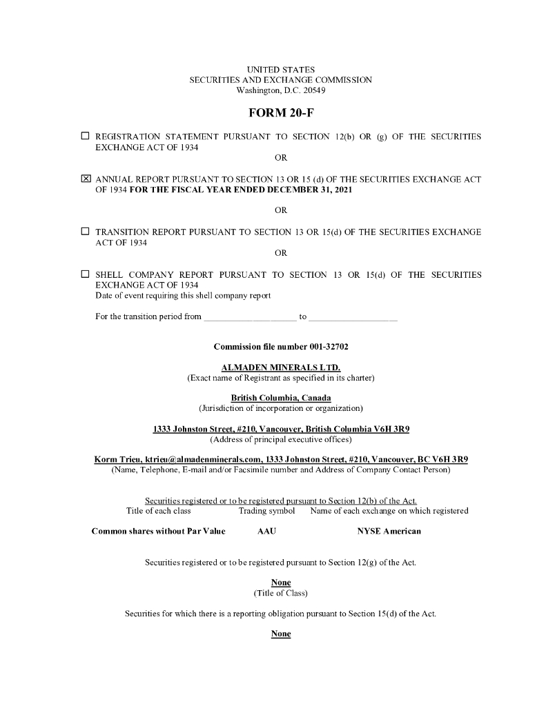 Almaden Minerals Ltd.（AMM）2021财年年度报告（英文版）