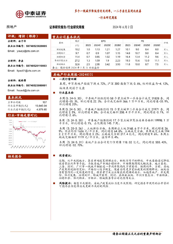 中泰证券：房地产行业研究周报：多个一线城市降低首付及利率，一二手房交易同比改善