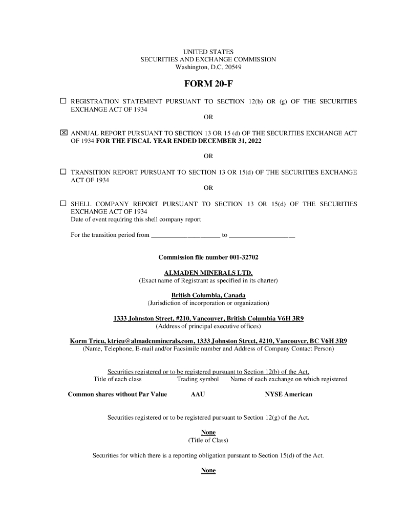 Almaden Minerals Ltd.（AMM）2022财年年度报告（英文版）