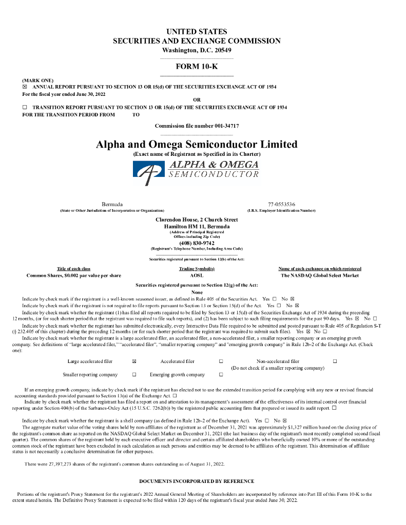 Alpha & Omega Semiconductor（AOSL）2022财年年度报告（英文版）