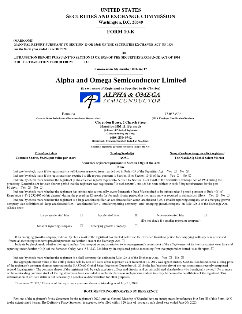 Alpha & Omega Semiconductor（AOSL）2020财年年度报告（英文版）
