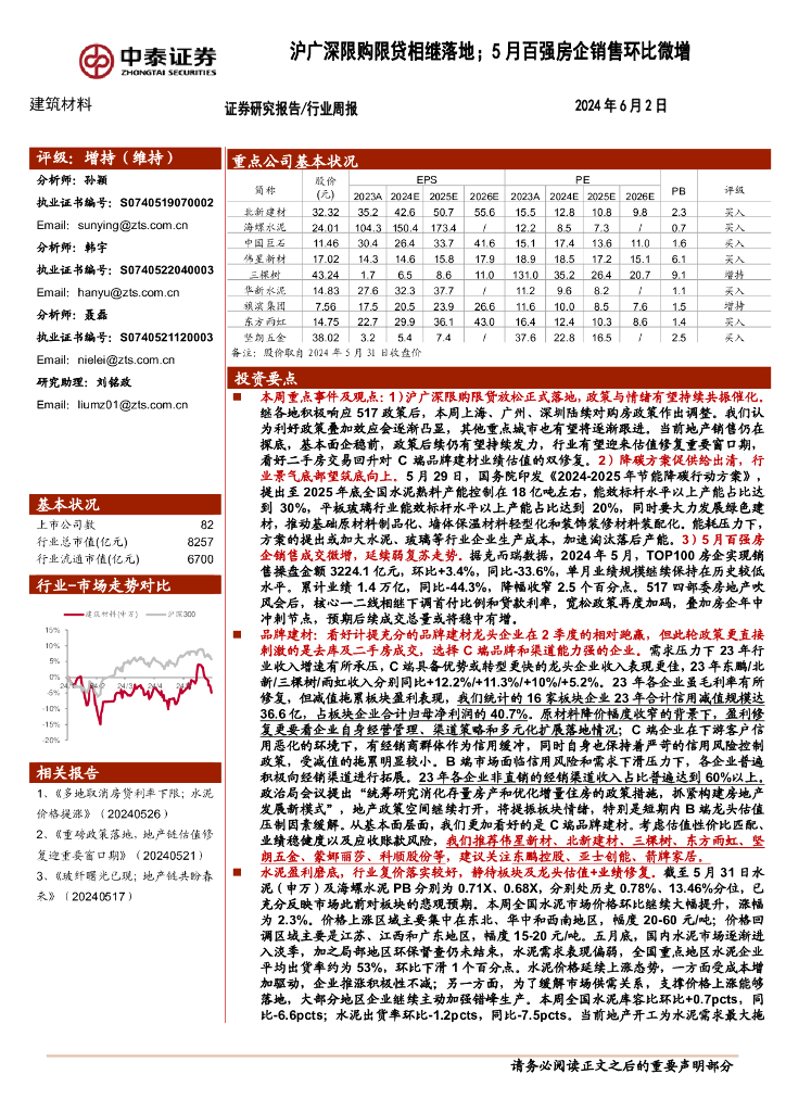中泰证券：建筑材料行业：沪广深限购限贷相继落地；5月百强房企销售环比微增