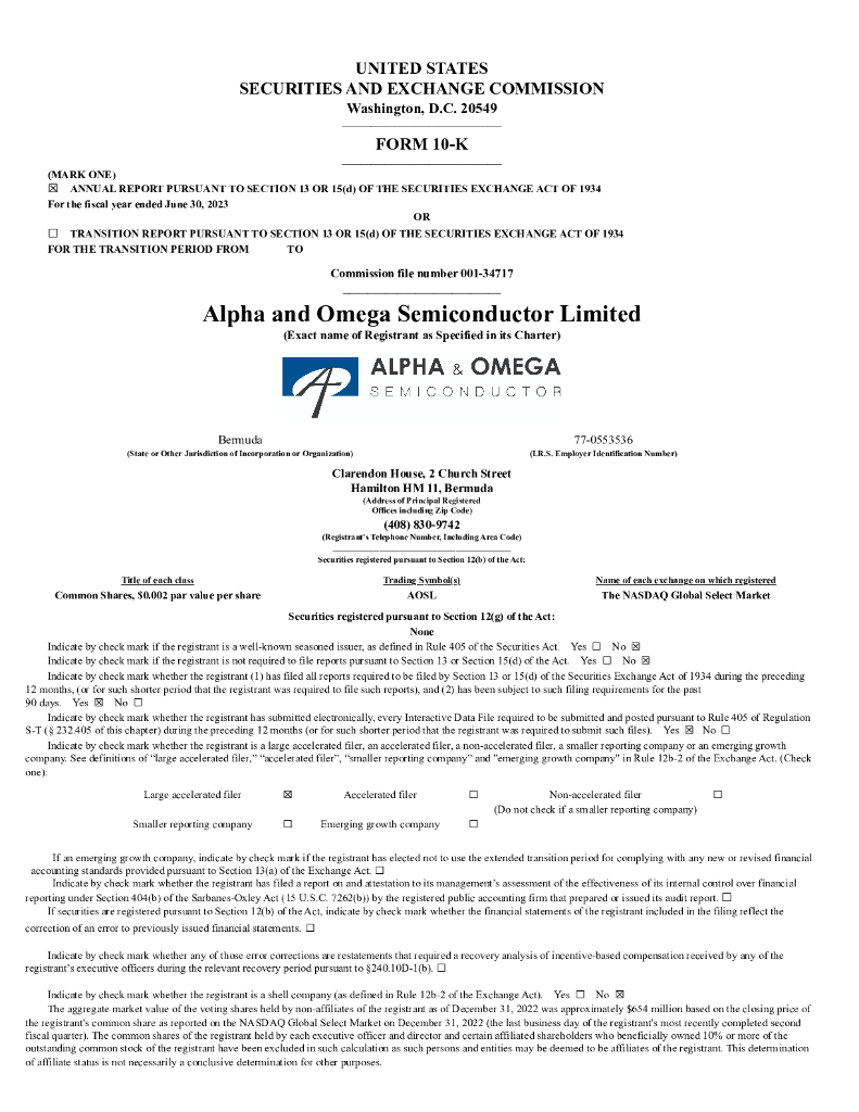 Alpha & Omega Semiconductor（AOSL）2023财年年度报告（英文版）