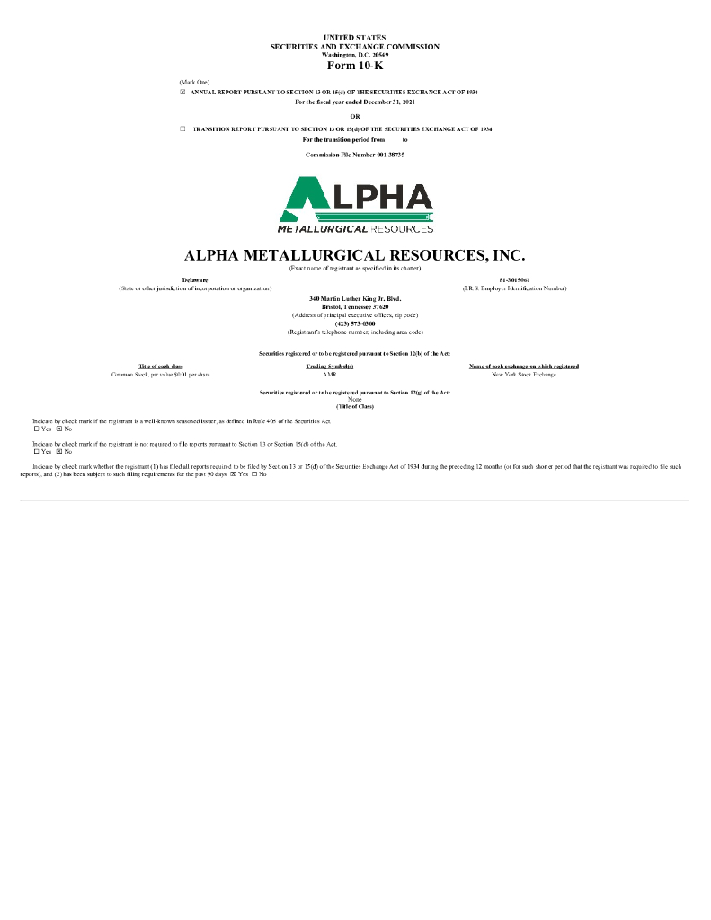 Alpha Metallurgical Resources（AMR）2021财年年度报告（英文版）