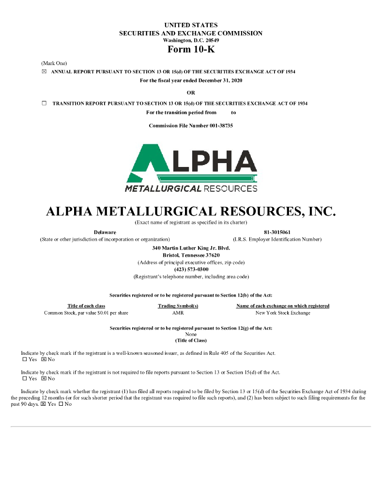 Alpha Metallurgical Resources（AMR）2020财年年度报告（英文版）