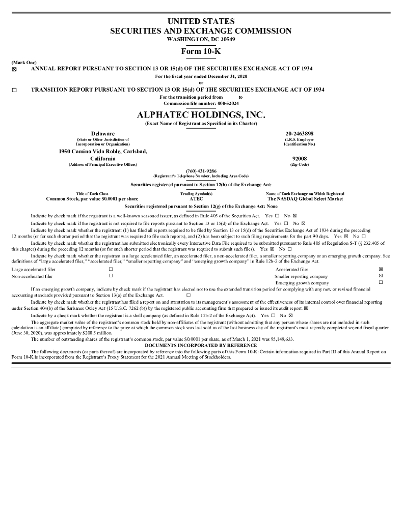 Alphatec Holdings Inc（ATEC）2020财年年度报告（英文版）
