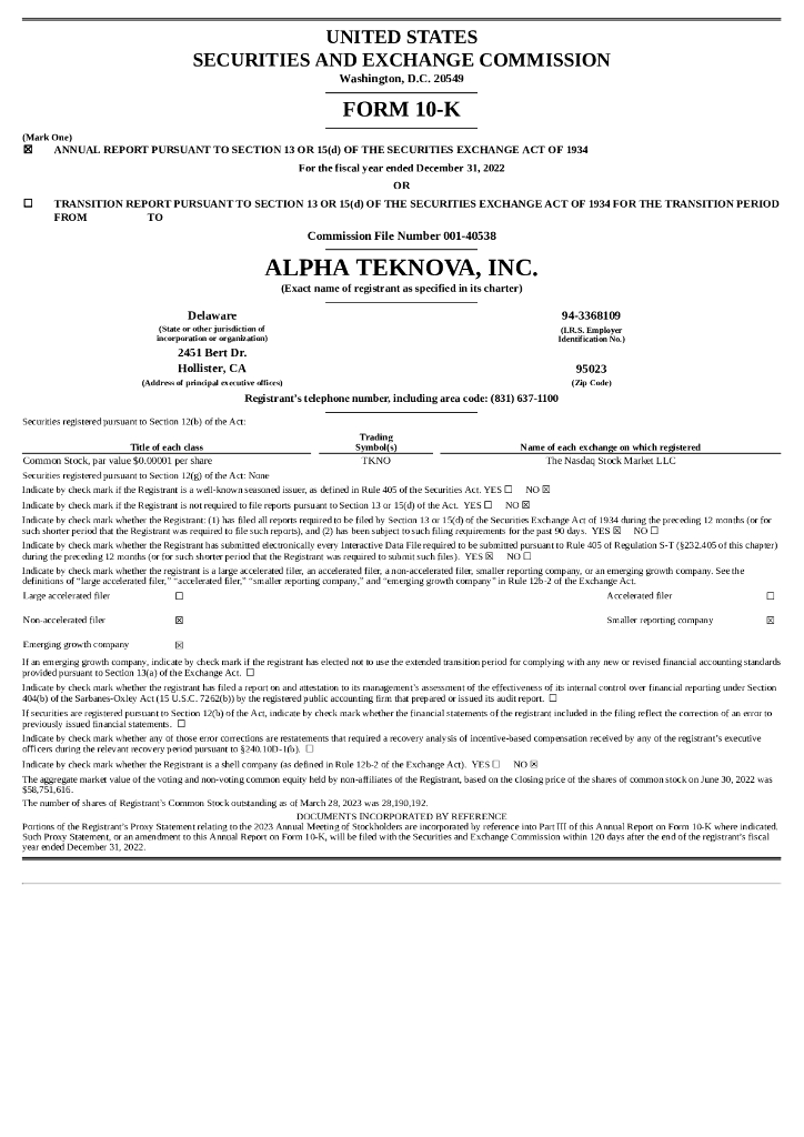 Alpha Teknova, Inc.（TKNO）2022财年年度报告（英文版）