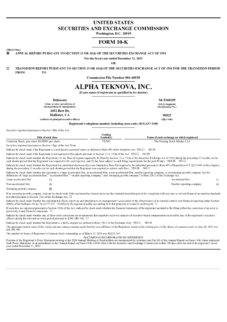 Alpha Teknova, Inc.（TKNO）2023财年年度报告（英文版）