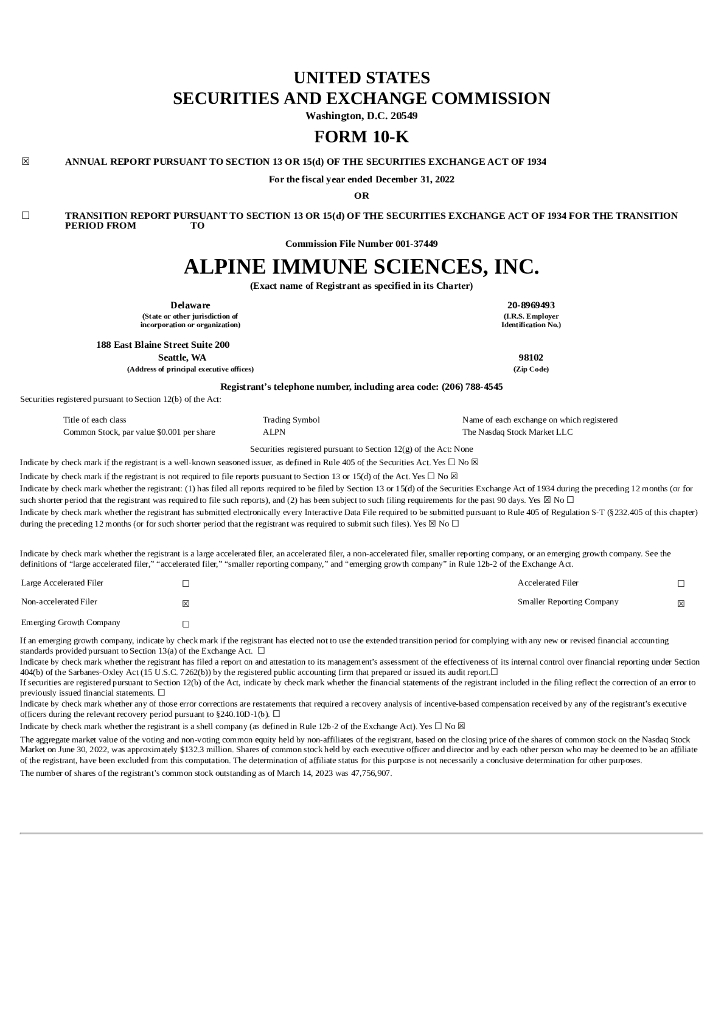 Alpine Immune Sciences, Inc.（ALPN）2022财年年度报告（英文版）